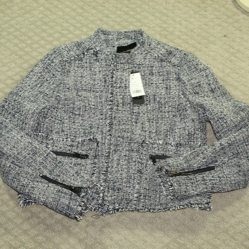 NWT Banana Republic Women's 8 Navy Blue White Tweed Fringe Blazer